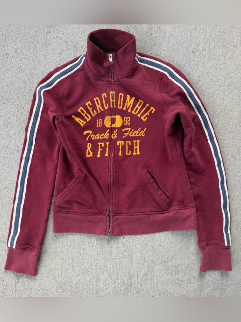 Y2k Abercrombie & Fitch Burgundy Track Zip-Up Jacket with navy and white stripe